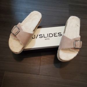 J/Slides Linda Faux Fur-Lined Suede Espadrille Slides in Blush